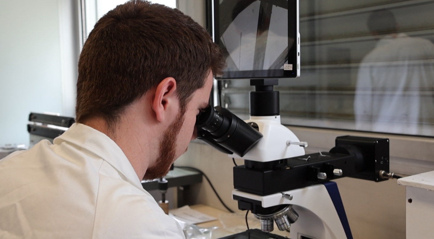 Photo d'un étudiant de BUT SGM en travaux pratiques d'analyse avec un microscope